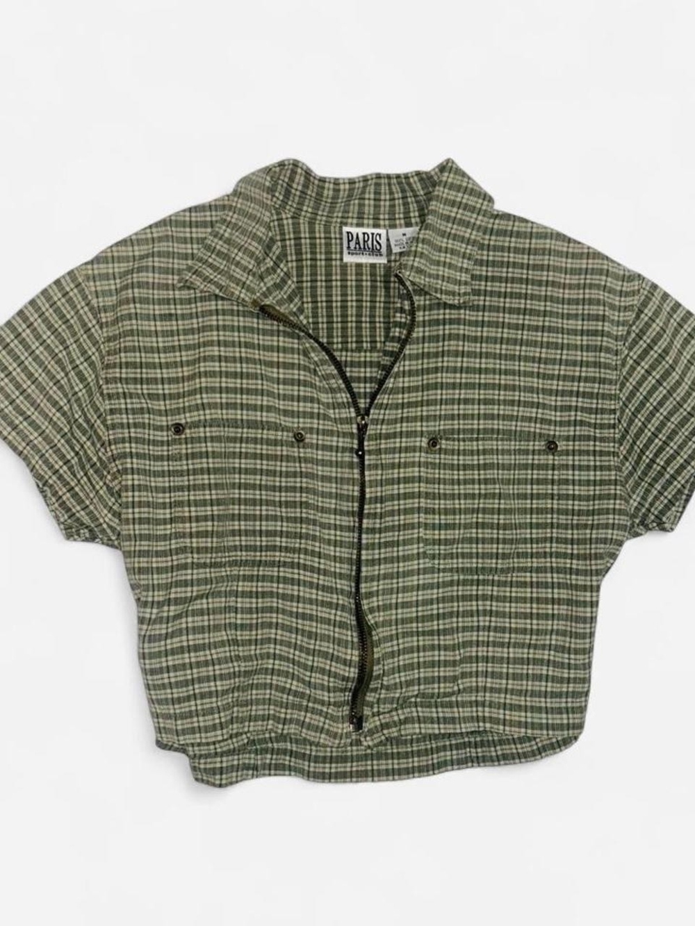Paris Los Angeles Olive Plaid Zip-Front Crop Top